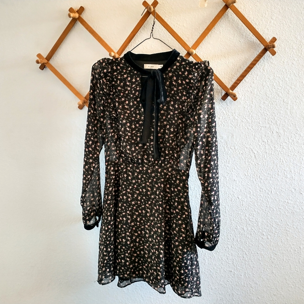 Lush Floral Long Sleeve Black Dress w/ Velvet & Ruffle Details